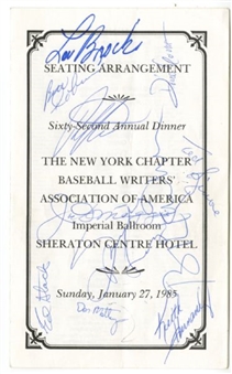 1985 New York Chapter BBWAA Dinner Seating Arrangement Signed By 21 Including Joe DiMaggio and Mickey Mantle 